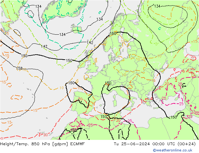 Hoogte/Temp. 850 hPa ECMWF di 25.06.2024 00 UTC