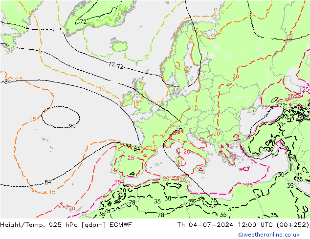 Height/Temp. 925 hPa ECMWF Qui 04.07.2024 12 UTC