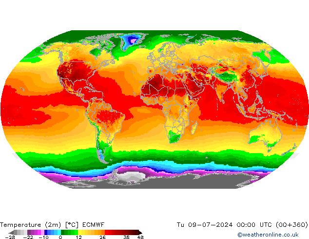 Temperature (2m) ECMWF Tu 09.07.2024 00 UTC