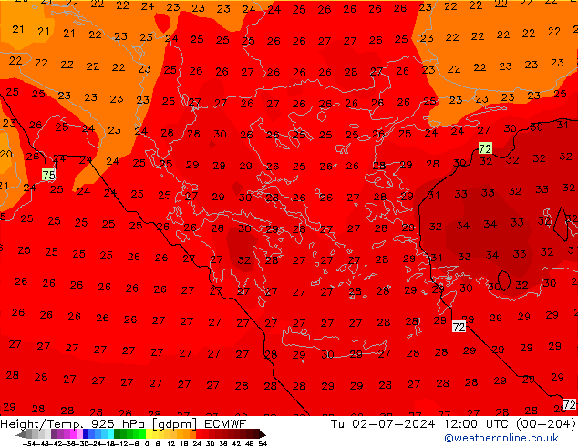 Height/Temp. 925 гПа ECMWF вт 02.07.2024 12 UTC