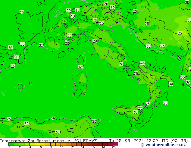 Temperatuurkaart Spread ECMWF di 25.06.2024 12 UTC