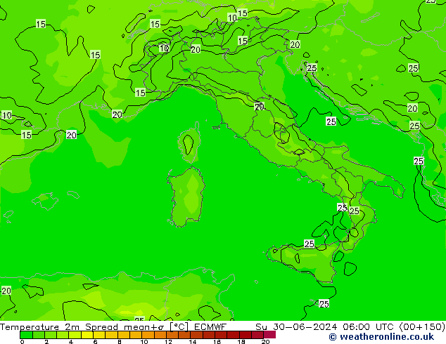 Sıcaklık Haritası 2m Spread ECMWF Paz 30.06.2024 06 UTC