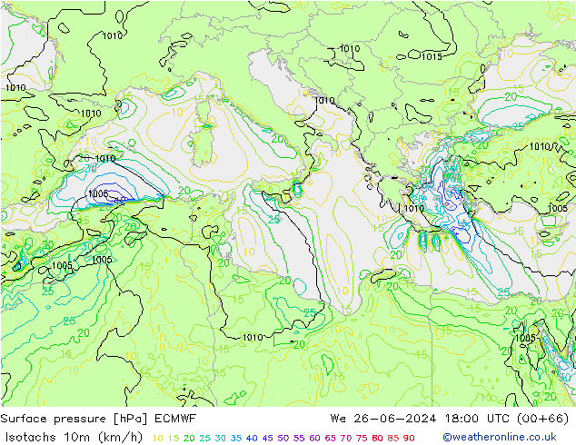 Isotachen (km/h) ECMWF wo 26.06.2024 18 UTC