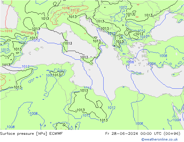 Presión superficial ECMWF vie 28.06.2024 00 UTC