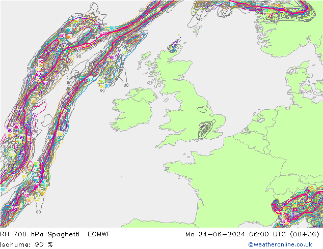 RH 700 hPa Spaghetti ECMWF Mo 24.06.2024 06 UTC