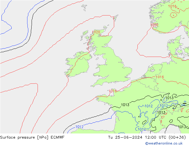 Surface pressure ECMWF Tu 25.06.2024 12 UTC