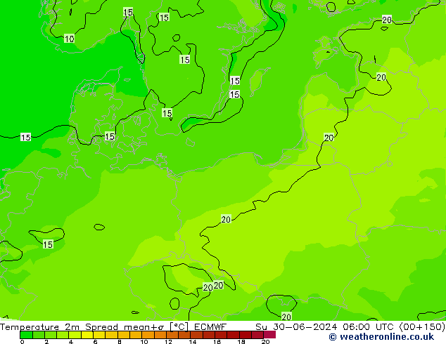 Temperature 2m Spread ECMWF Su 30.06.2024 06 UTC