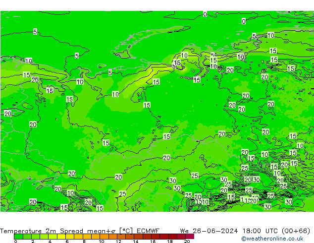 Temperatura 2m Spread ECMWF mer 26.06.2024 18 UTC