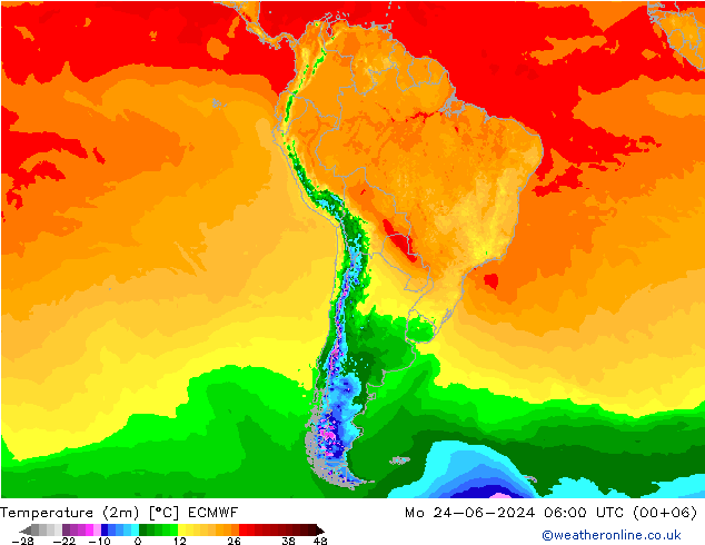 Temperatuurkaart (2m) ECMWF ma 24.06.2024 06 UTC