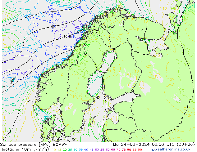 Isotachen (km/h) ECMWF ma 24.06.2024 06 UTC