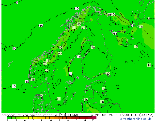 карта температуры Spread ECMWF вт 25.06.2024 18 UTC