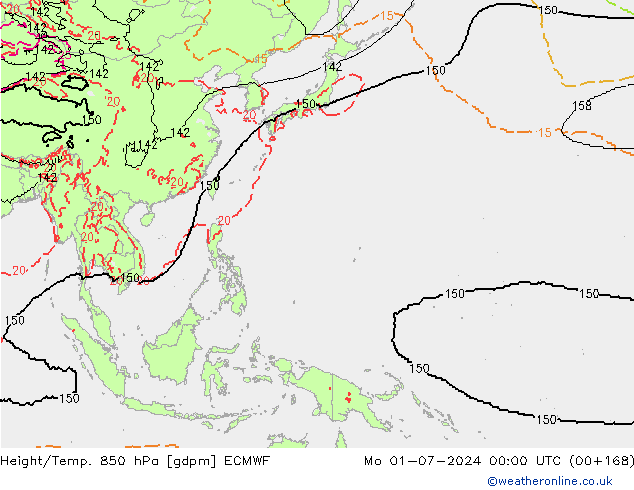 Height/Temp. 850 hPa ECMWF pon. 01.07.2024 00 UTC