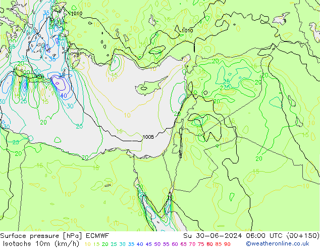 Isotachs (kph) ECMWF  30.06.2024 06 UTC