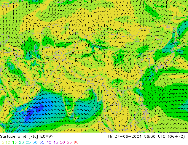 Viento 10 m ECMWF jue 27.06.2024 06 UTC