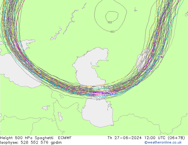 Height 500 hPa Spaghetti ECMWF Th 27.06.2024 12 UTC
