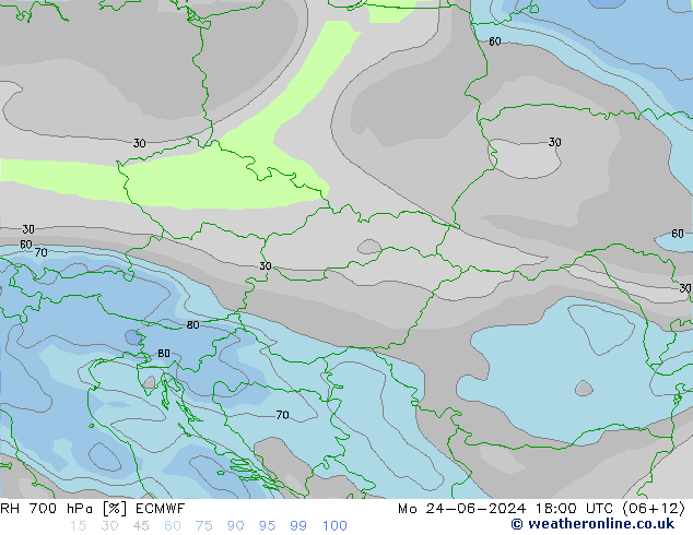 RH 700 hPa ECMWF Po 24.06.2024 18 UTC