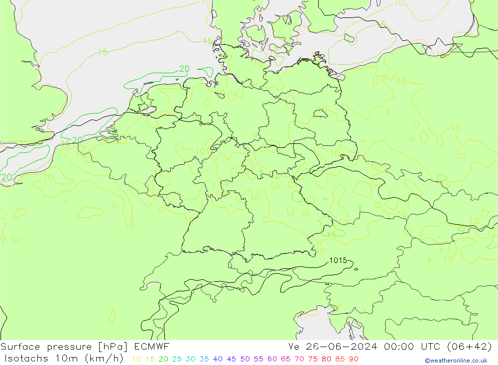 Isotachs (kph) ECMWF Qua 26.06.2024 00 UTC