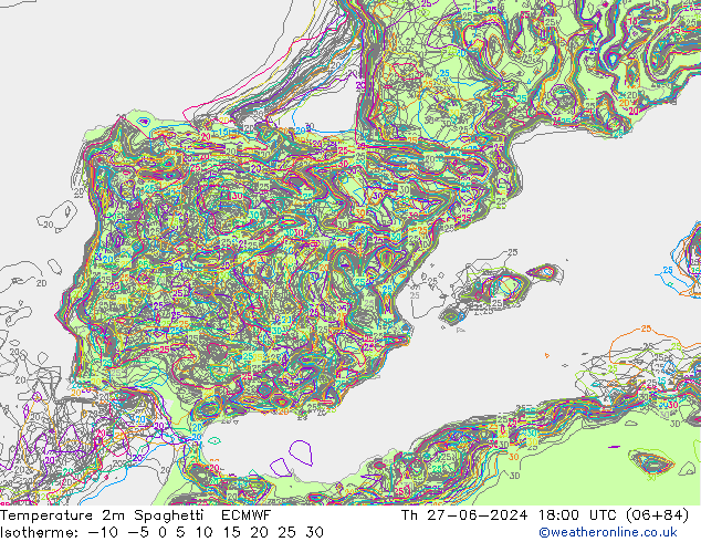 Temperature 2m Spaghetti ECMWF Th 27.06.2024 18 UTC