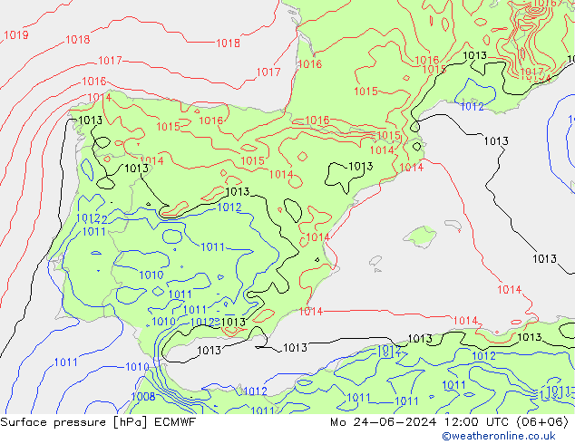 Presión superficial ECMWF lun 24.06.2024 12 UTC