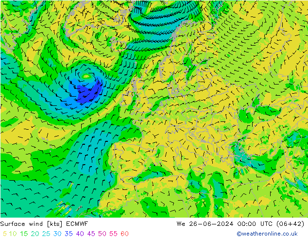 Wind 10 m ECMWF wo 26.06.2024 00 UTC