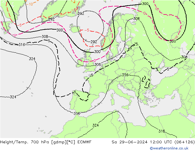 Height/Temp. 700 hPa ECMWF Sa 29.06.2024 12 UTC