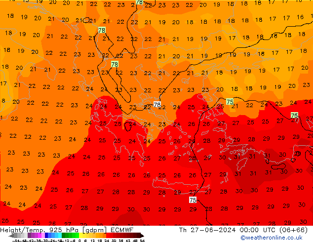 Height/Temp. 925 hPa ECMWF Th 27.06.2024 00 UTC