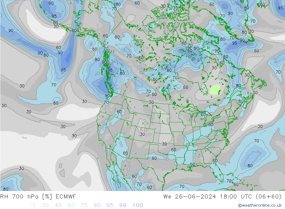 RH 700 hPa ECMWF śro. 26.06.2024 18 UTC