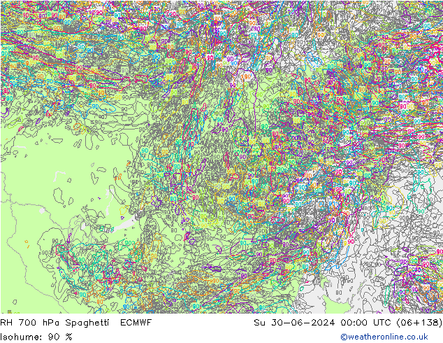 RH 700 hPa Spaghetti ECMWF Ne 30.06.2024 00 UTC