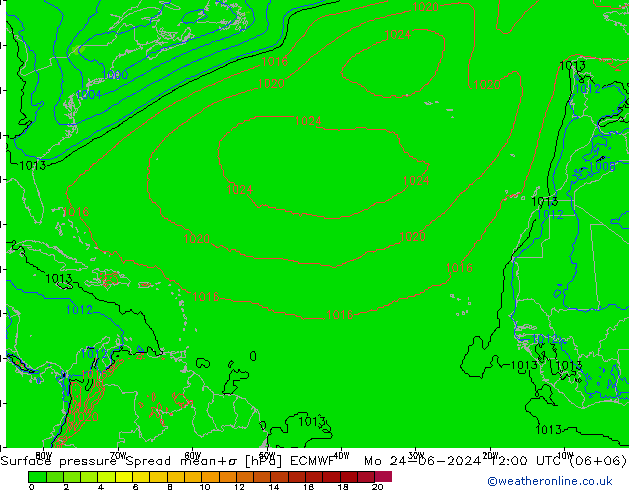 Surface pressure Spread ECMWF Mo 24.06.2024 12 UTC