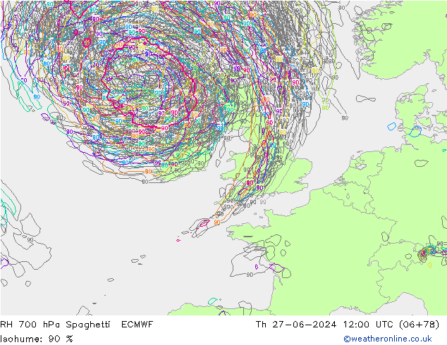 RH 700 hPa Spaghetti ECMWF Čt 27.06.2024 12 UTC