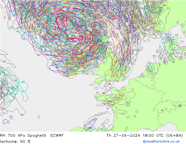 RH 700 hPa Spaghetti ECMWF Th 27.06.2024 18 UTC