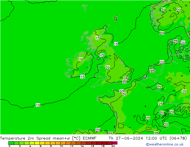 Temperatura 2m Spread ECMWF Qui 27.06.2024 12 UTC