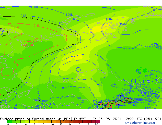 Surface pressure Spread ECMWF Fr 28.06.2024 12 UTC