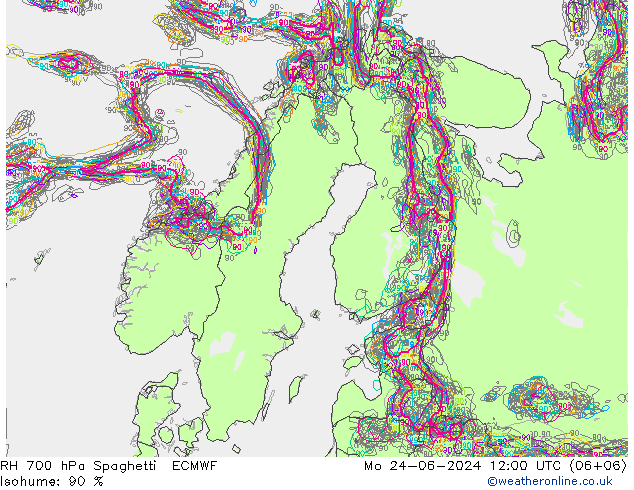 RH 700 hPa Spaghetti ECMWF 星期一 24.06.2024 12 UTC