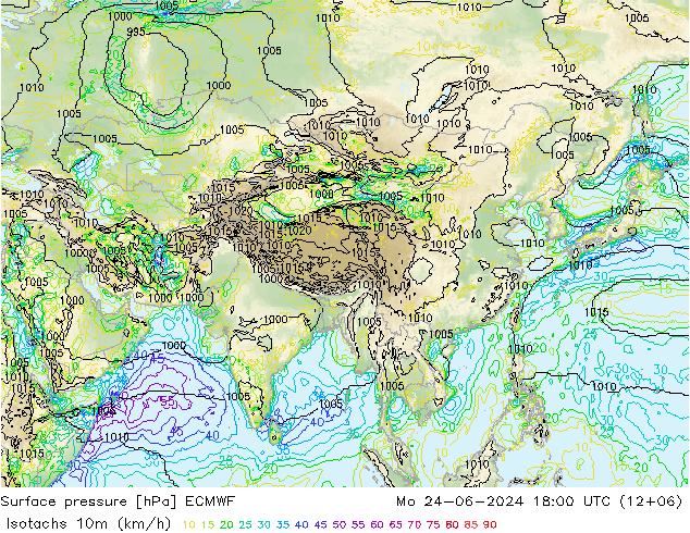 Isotachs (kph) ECMWF lun 24.06.2024 18 UTC