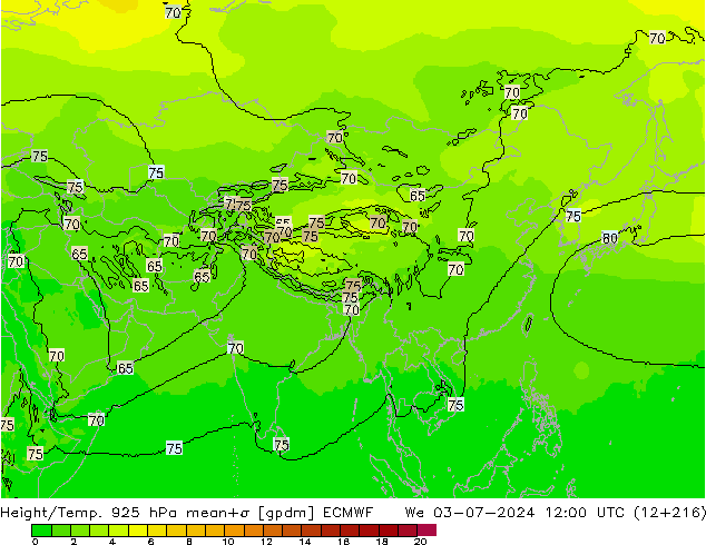 Height/Temp. 925 hPa ECMWF We 03.07.2024 12 UTC