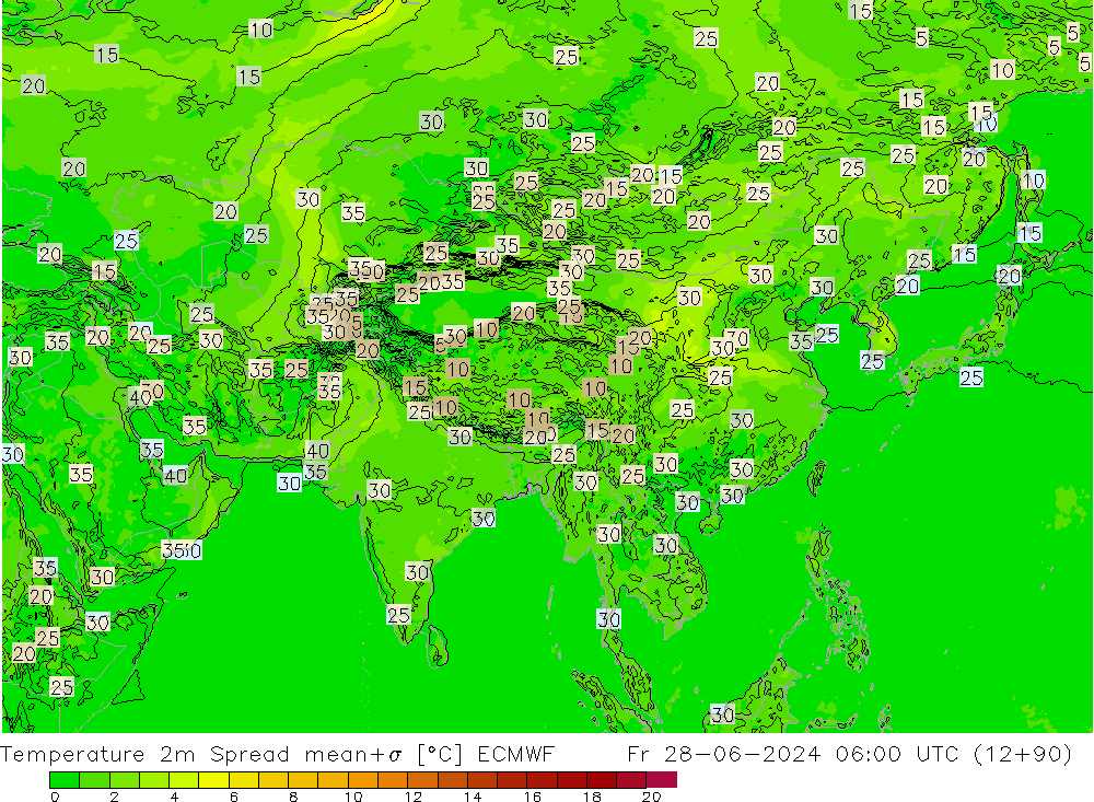 Temperature 2m Spread ECMWF Fr 28.06.2024 06 UTC