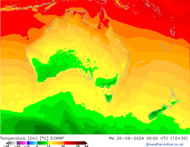 Temperatura (2m) ECMWF mié 26.06.2024 00 UTC