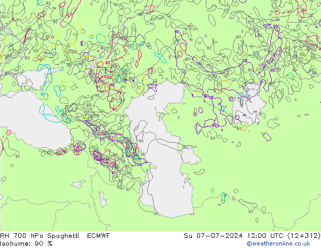 RH 700 hPa Spaghetti ECMWF Dom 07.07.2024 12 UTC