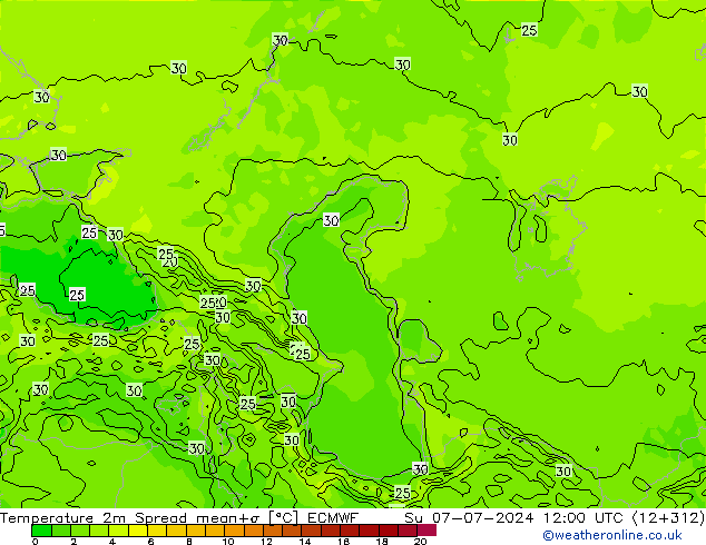 Temperature 2m Spread ECMWF Su 07.07.2024 12 UTC