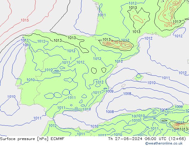 Pressione al suolo ECMWF gio 27.06.2024 06 UTC