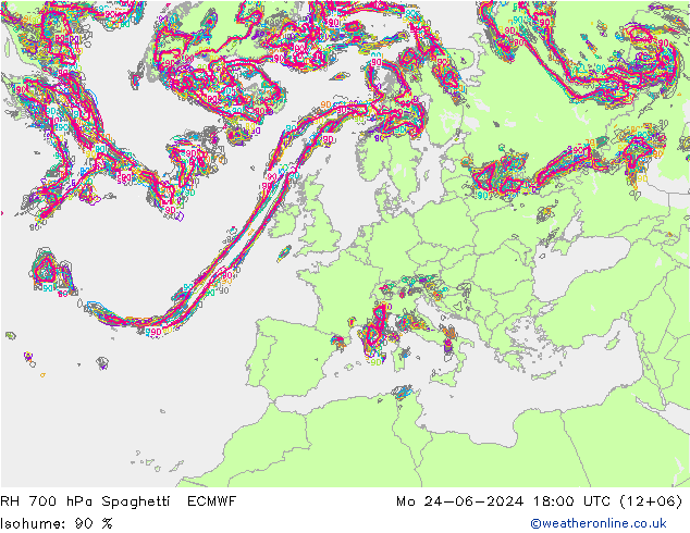 RH 700 hPa Spaghetti ECMWF lun 24.06.2024 18 UTC