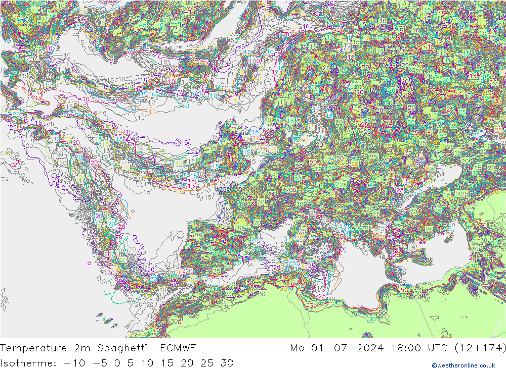 Temperature 2m Spaghetti ECMWF Mo 01.07.2024 18 UTC