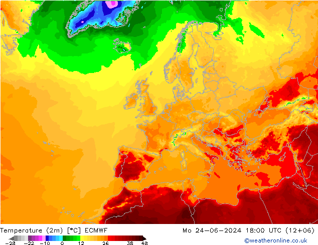 Temperature (2m) ECMWF Mo 24.06.2024 18 UTC