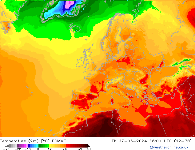 Temperaturkarte (2m) ECMWF Do 27.06.2024 18 UTC