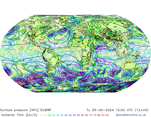 10米等风速线 (kph) ECMWF 星期二 25.06.2024 12 UTC