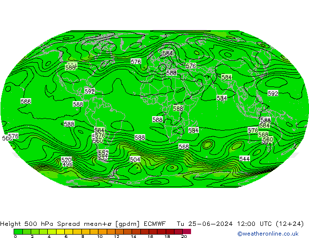 Height 500 гПа Spread ECMWF вт 25.06.2024 12 UTC