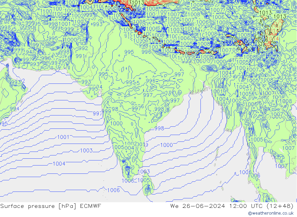 Presión superficial ECMWF mié 26.06.2024 12 UTC