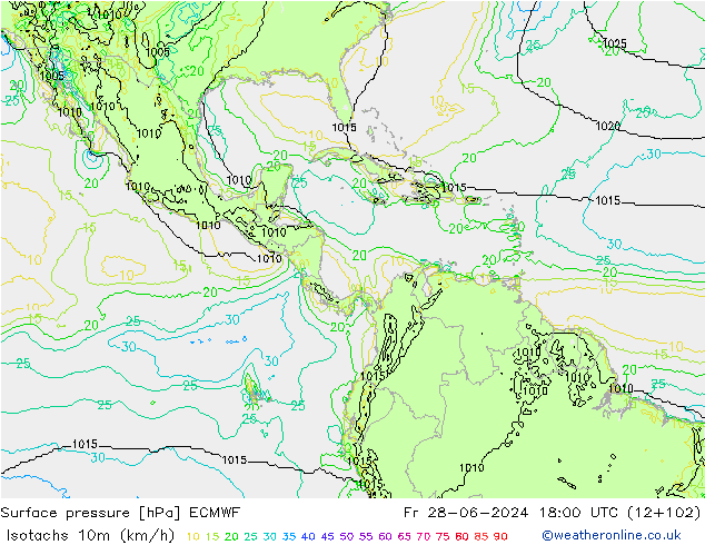 Isotachs (kph) ECMWF ven 28.06.2024 18 UTC