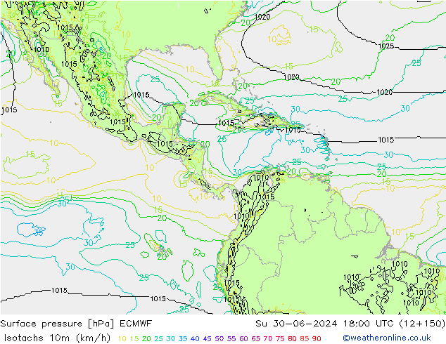 Isotachs (kph) ECMWF Su 30.06.2024 18 UTC